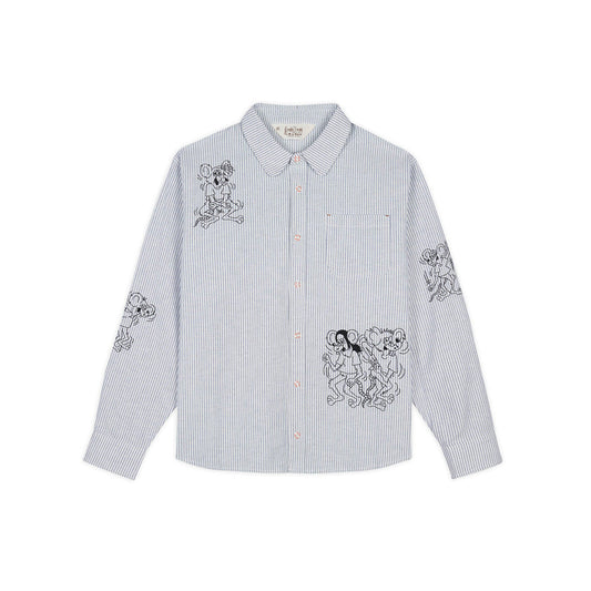 Brain Dead Striped Embroidered Mouse Button up Shirt - Blue - Crowdless