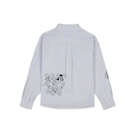 Brain Dead Striped Embroidered Mouse Button up Shirt - Blue - Crowdless