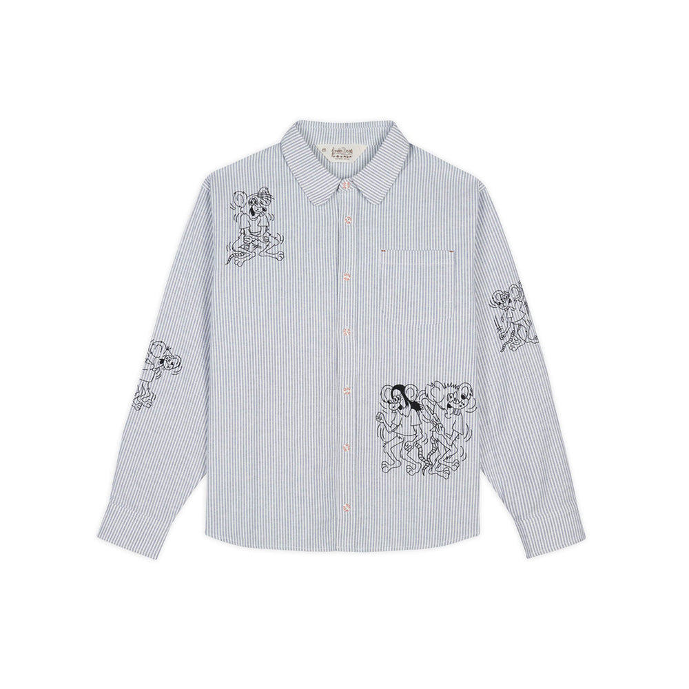 Striped Embroidered Mouse Button up Shirt - Blue