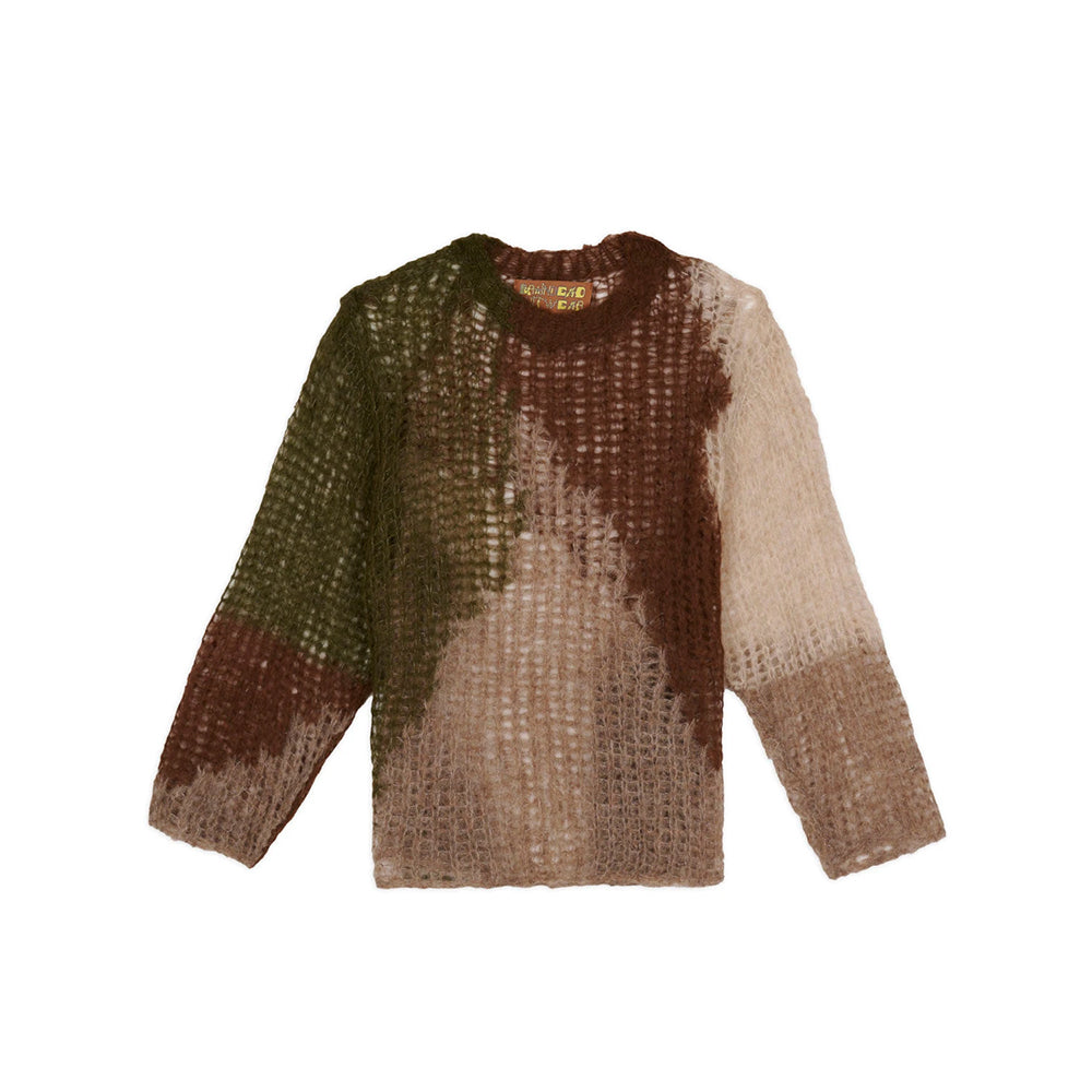 Brain Dead organic olive Threadbare sweater showing front view, soft knit fabric, and classic crew neckline.