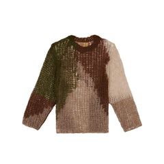 Brain Dead organic olive Threadbare sweater showing front view, soft knit fabric, and classic crew neckline.