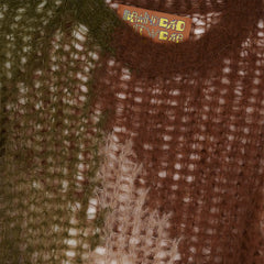 Brain Dead organic olive threadbare sweater displayed with close-up of textured fabric and relaxed fit.
