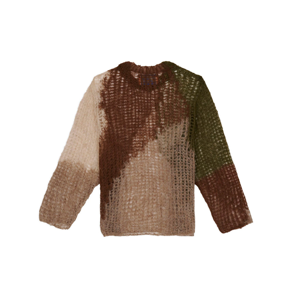 Back view of Brain Dead organic Threadbare sweater in olive green, showcasing its cozy knit texture and relaxed fit.