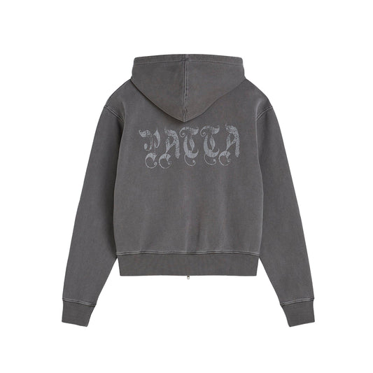 Studded Washed Zip Up Hooded Sweater - Volcanic Glass