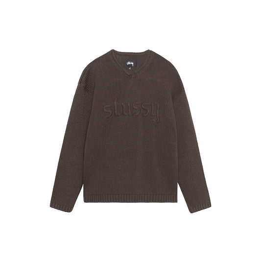 Embroidered V-Neck Logo Sweater - Brown