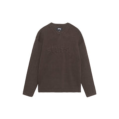 Embroidered V-Neck Logo Sweater - Brown