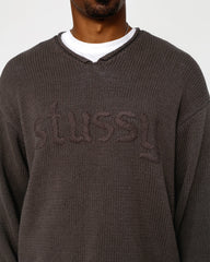 Embroidered V-Neck Logo Sweater - Brown