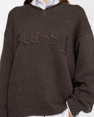 Embroidered V-Neck Logo Sweater - Brown