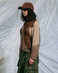 Olive organic Threadbare sweater by Brain Dead featuring a relaxed fit and soft knit fabric, styled on a model.