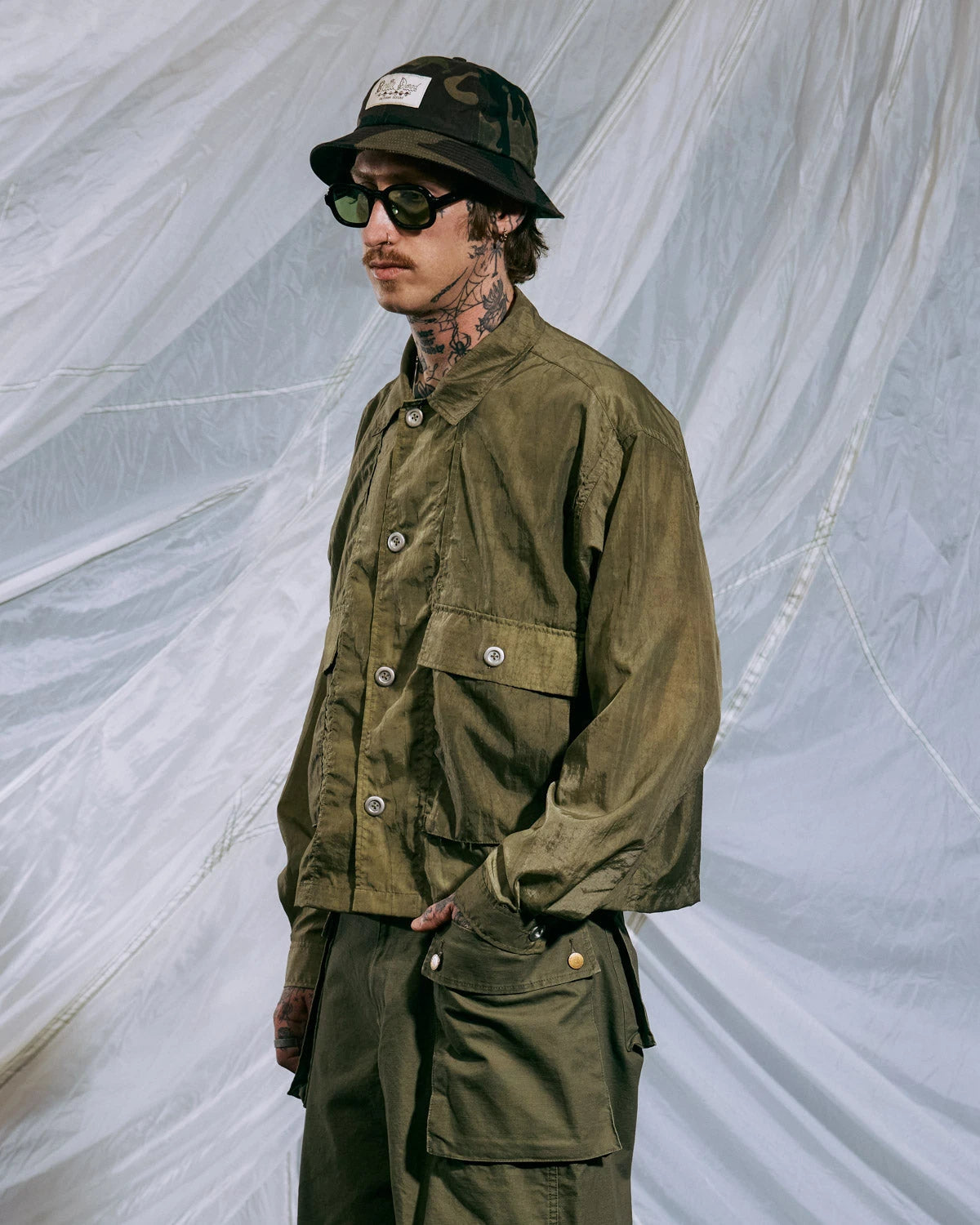 Brain Dead Cropped Nylon Button Up Shirt - Army - Crowdless