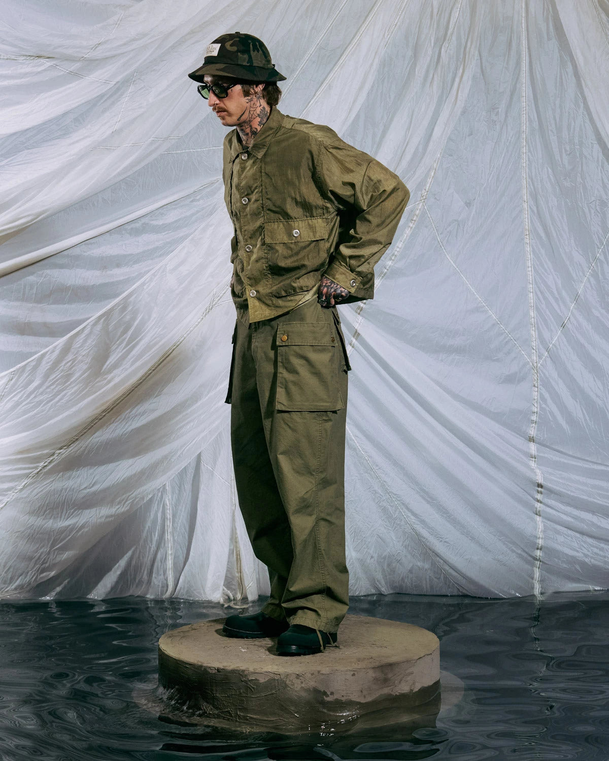 Brain Dead Cropped Nylon Button Up Shirt - Army - Crowdless