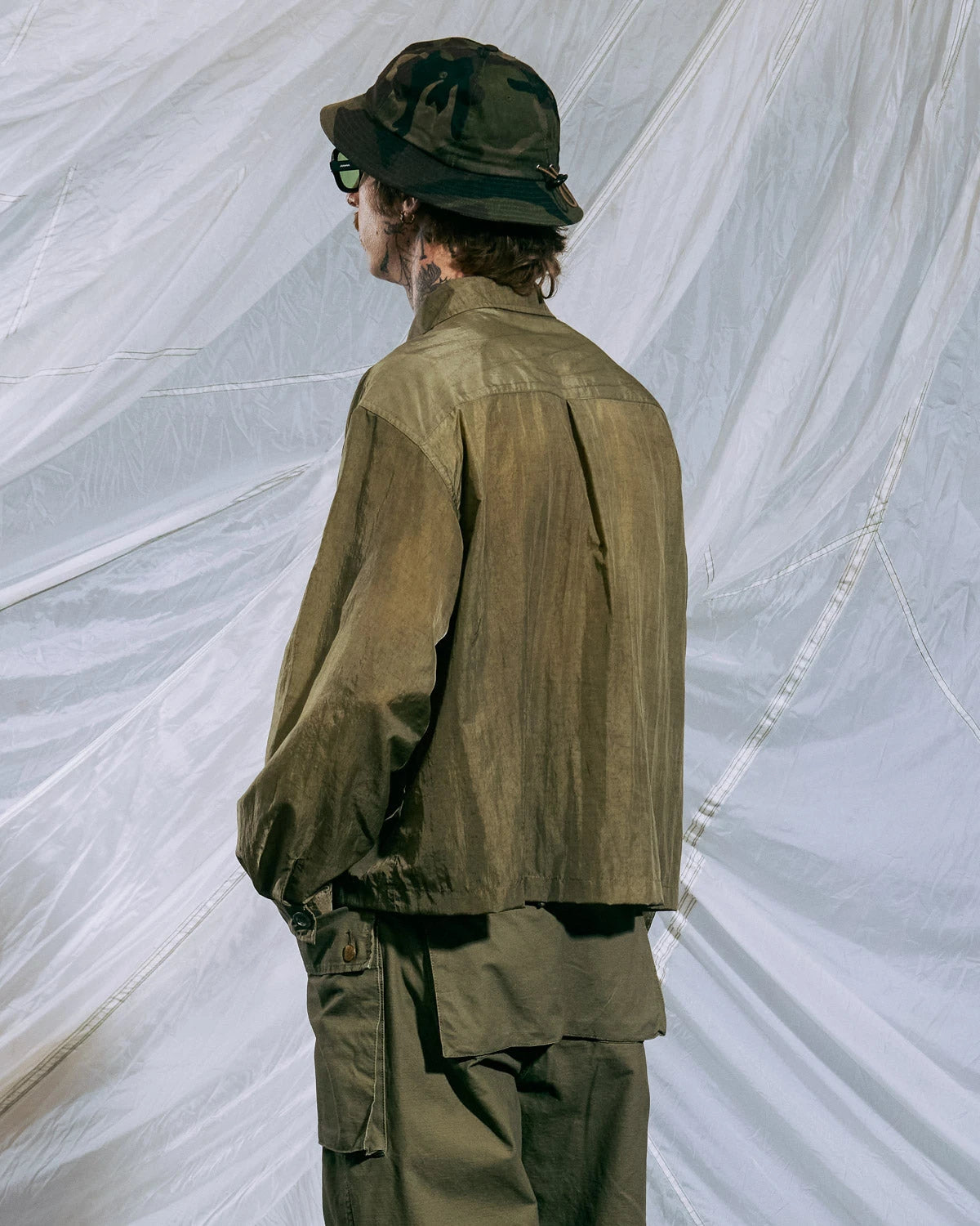 Brain Dead Cropped Nylon Button Up Shirt - Army - Crowdless