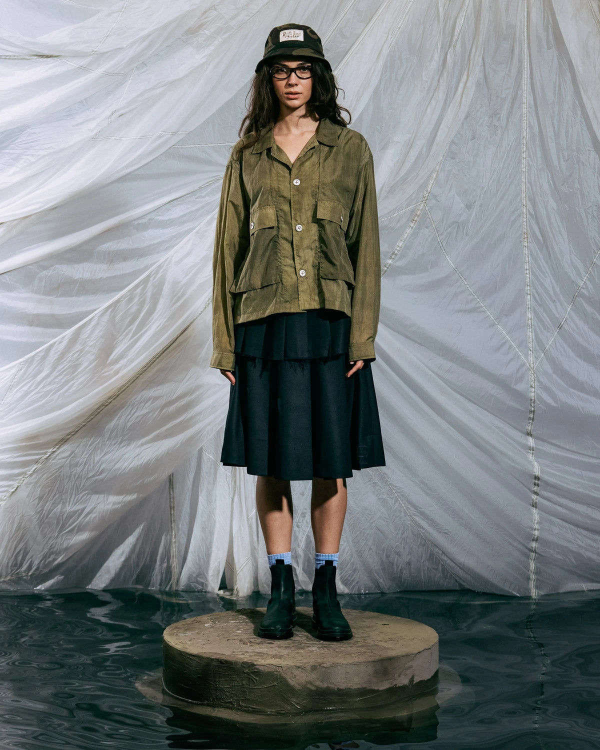 Brain Dead Cropped Nylon Button Up Shirt - Army - Crowdless