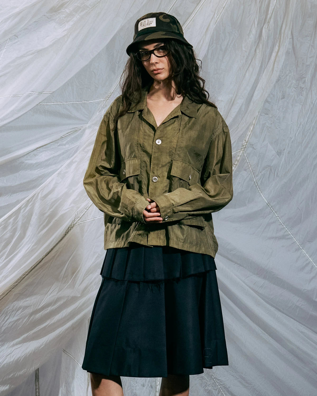 Brain Dead Cropped Nylon Button Up Shirt - Army - Crowdless