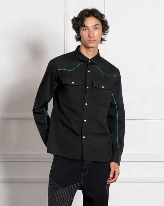 Nylon Western Button Up - Black