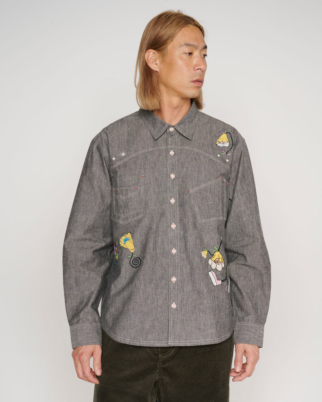 Brain Dead Garden Party Chambray Button Up Shirt - Gray - Crowdless