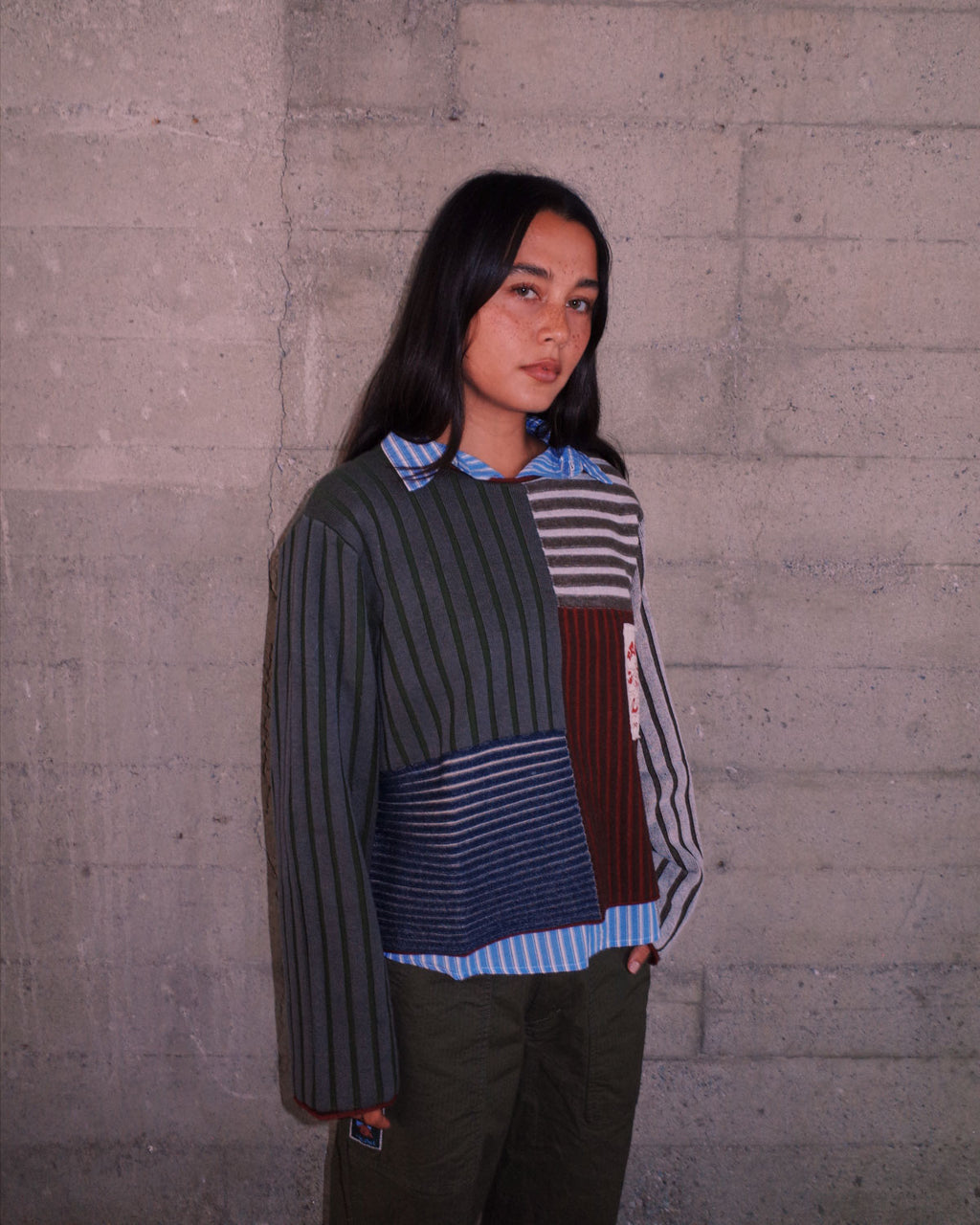 Brain Dead Mixed Stripe Boxy Knit Sweater - Green Multi - Crowdless