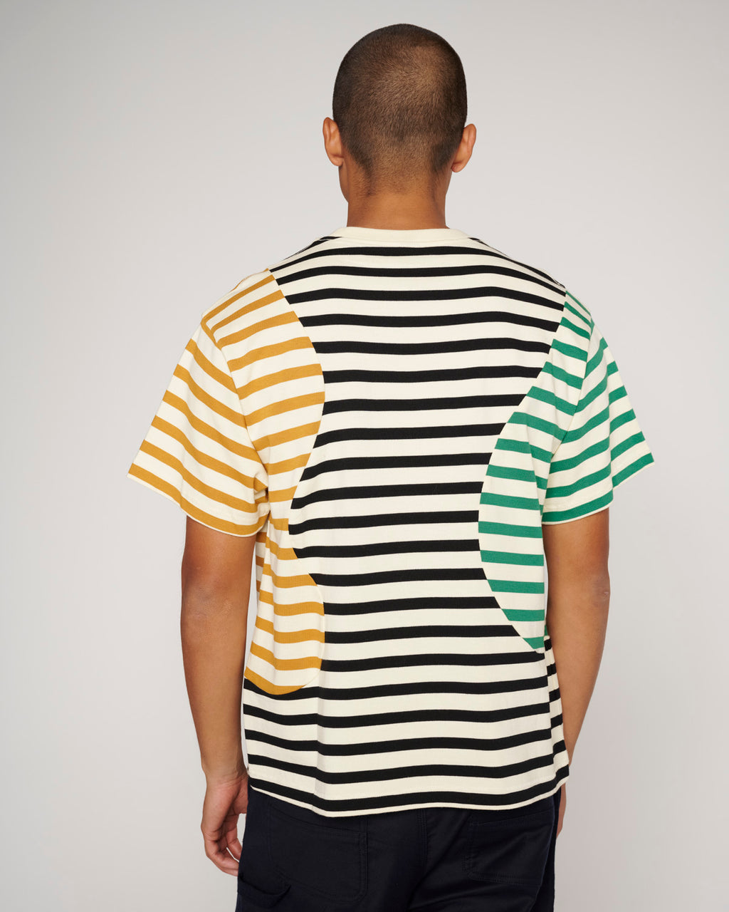 Brain Dead Organic Paneled Stripe Short Sleeve T-Shirt - Cream Multi - Crowdless