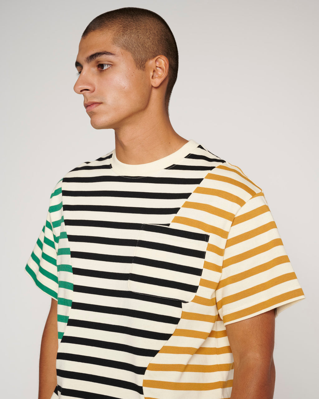 Brain Dead Organic Paneled Stripe Short Sleeve T-Shirt - Cream Multi - Crowdless