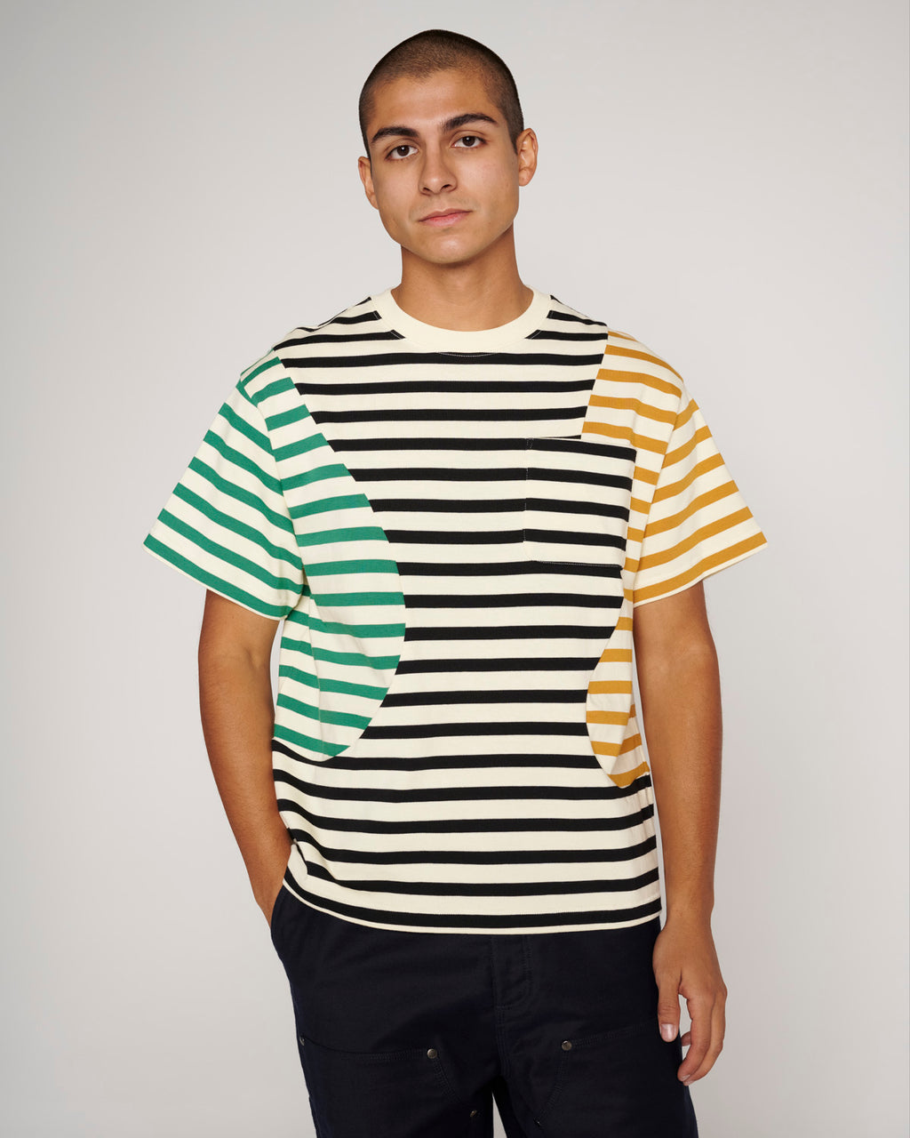 Brain Dead Organic Paneled Stripe Short Sleeve T-Shirt - Cream Multi - Crowdless