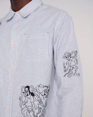 Striped Embroidered Mouse Button up Shirt - Blue