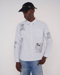 Striped Embroidered Mouse Button up Shirt - Blue